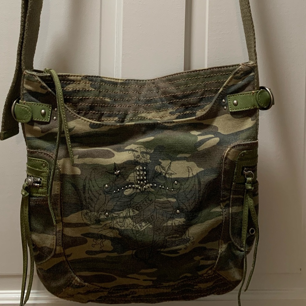 Fossil Canvas Camo Crossbody with Leather & Stud Accents with Front Emblem